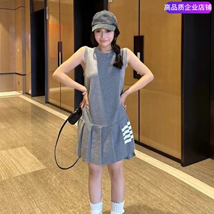 THHB TB连衣裙四杠圆领无袖针织百褶连身裙夏季百褶灰色背心裙潮