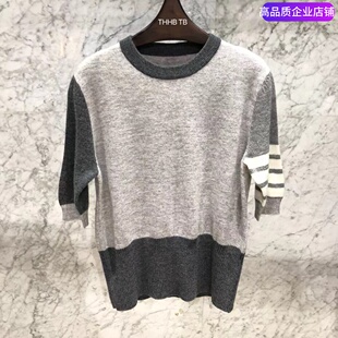 THHB TB拼色圆领短袖T恤针织衫羊毛四杠套头毛衣学院风修身打底衫