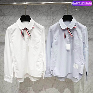 THHB TB纯女款浅蓝翻领色织四杠衬衣长绒棉蝴蝶结套头长袖衬衫