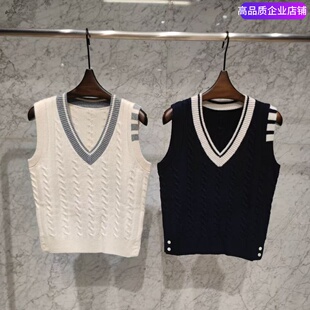 【赠运费险】THHB TB全羊毛V领撞色四杠显瘦百搭马甲背心毛衣女款