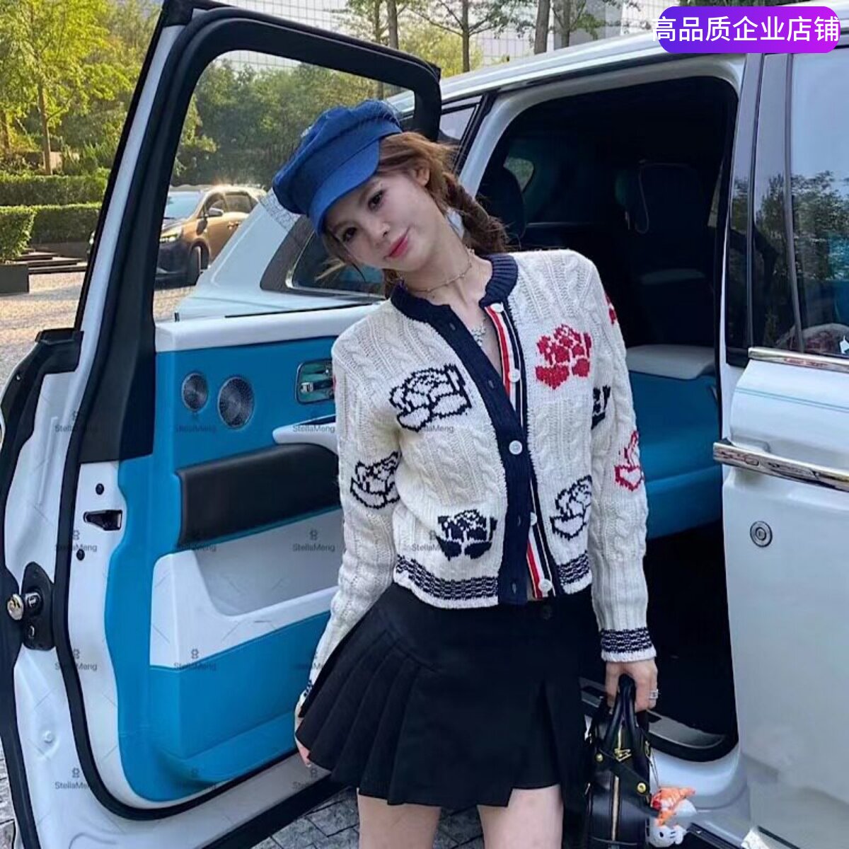 THHB TB针织开衫女粗针玫瑰花刺绣毛衣短款小个子香风毛线外套潮