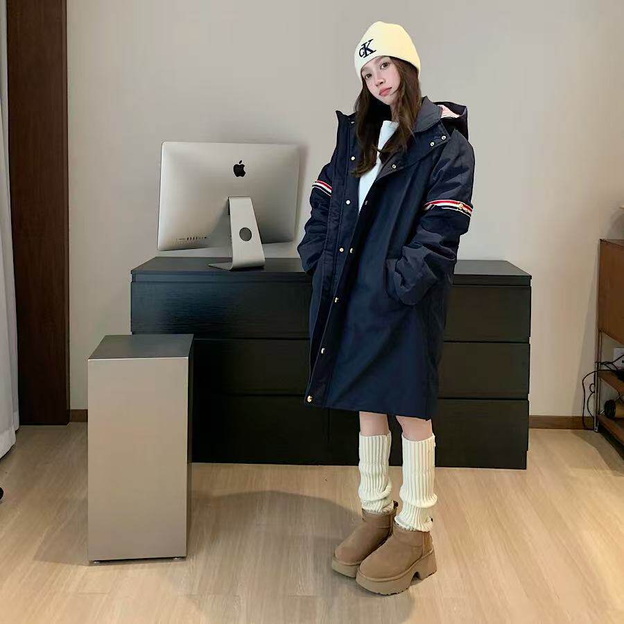 THHB TB加厚保暖双袖织带中长款连帽羽绒服男女款休闲羽绒外套潮