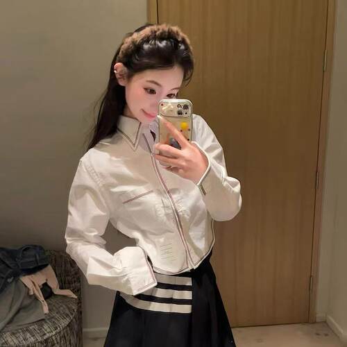 TB白色高腰织带衬衣短款撞色衬衫
