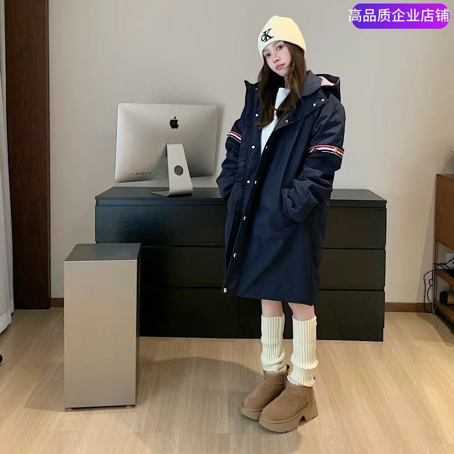 THHB TB加厚保暖双袖织带中长款连帽羽绒服男女款休闲羽绒外套潮