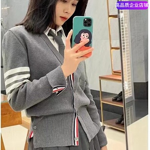 THHB TB单排扣V领开衫灰色手臂四杠长袖四扣女款针织上衣外套