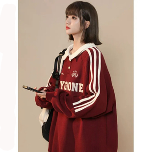 宽松正肩显瘦情侣上衣2 复古polo领卫衣男女春秋季 特大码 300斤美式