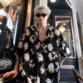 大码 宽松情侣休闲衬衣2 男夏季 300斤港风chic复古花卉满印短袖 衬衫