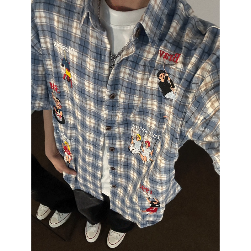 大码300斤美式复古格子短袖衬衫