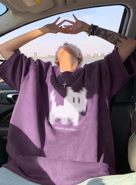 大码300斤乌梅紫色像素小猫短袖t恤男夏季宽松潮牌青少年磨毛半袖