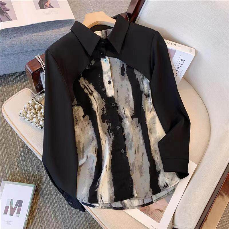 特大码300斤polo领扎染拼接长袖衬衫男女早春款宽松休闲衬衣2