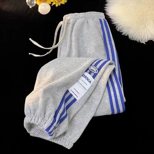 大码300斤三条杠运动裤男春秋新款宽松束脚九分裤美式复古休闲裤2