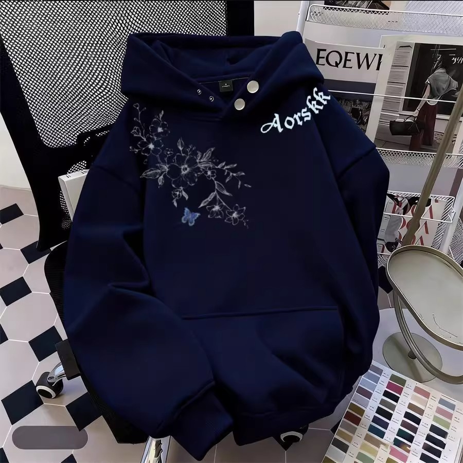 大码300斤设计感纽扣连帽卫衣