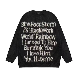 特大码300斤国潮牌美式字母毛衣男女秋冬街头宽松情侣针织衫上衣2