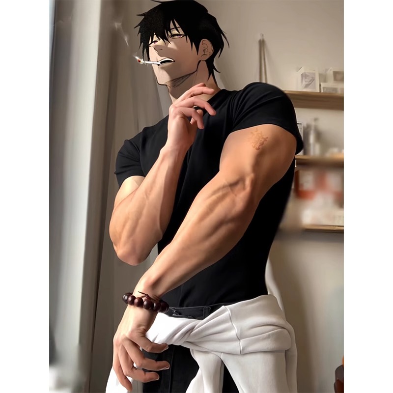 大码300斤收袖口修身螺纹短袖T恤