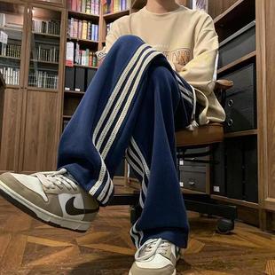 百搭潮牌运动裤 男春秋宽松阔腿休闲裤 300斤三条杠直筒休闲裤 大码