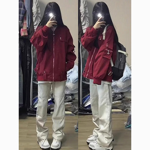 特大码300斤美式复古酒红色飞行员夹克男女潮牌棒球服外套春秋ins