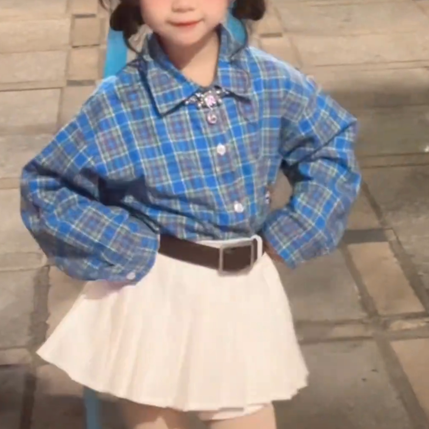 韩系女童2026春季新款蓝色格半身裙