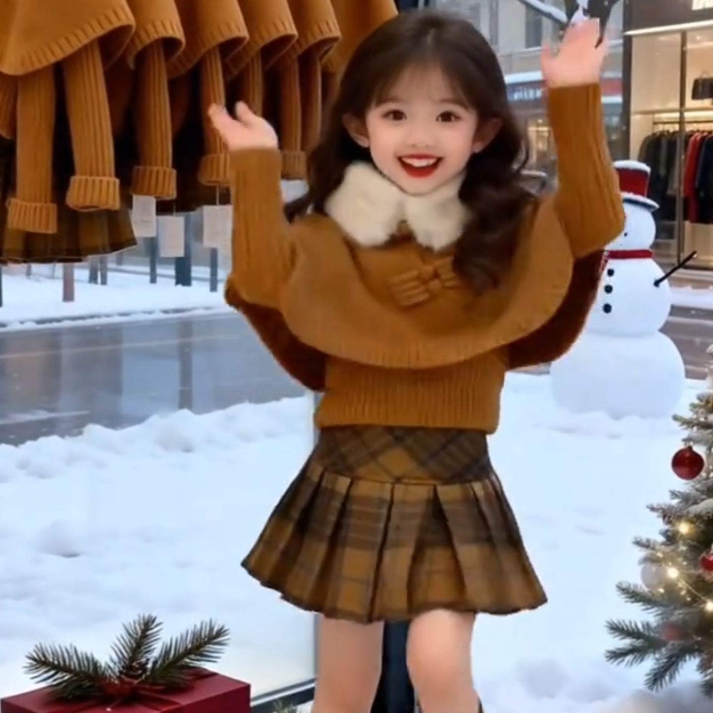 新中式女童2025冬季新款棕色盘扣毛领斗篷毛衣小女孩格纹百褶半裙,童装/婴儿装/亲子装,半身裙,淘宝优惠券,粉丝福利购,淘宝优惠卷