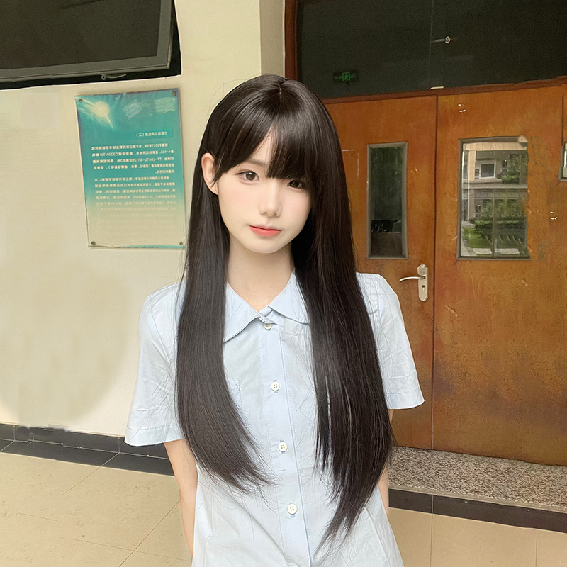纤韵佳人假发女长发长直发圆脸lolita自然黑棕色甜美网红全头套式