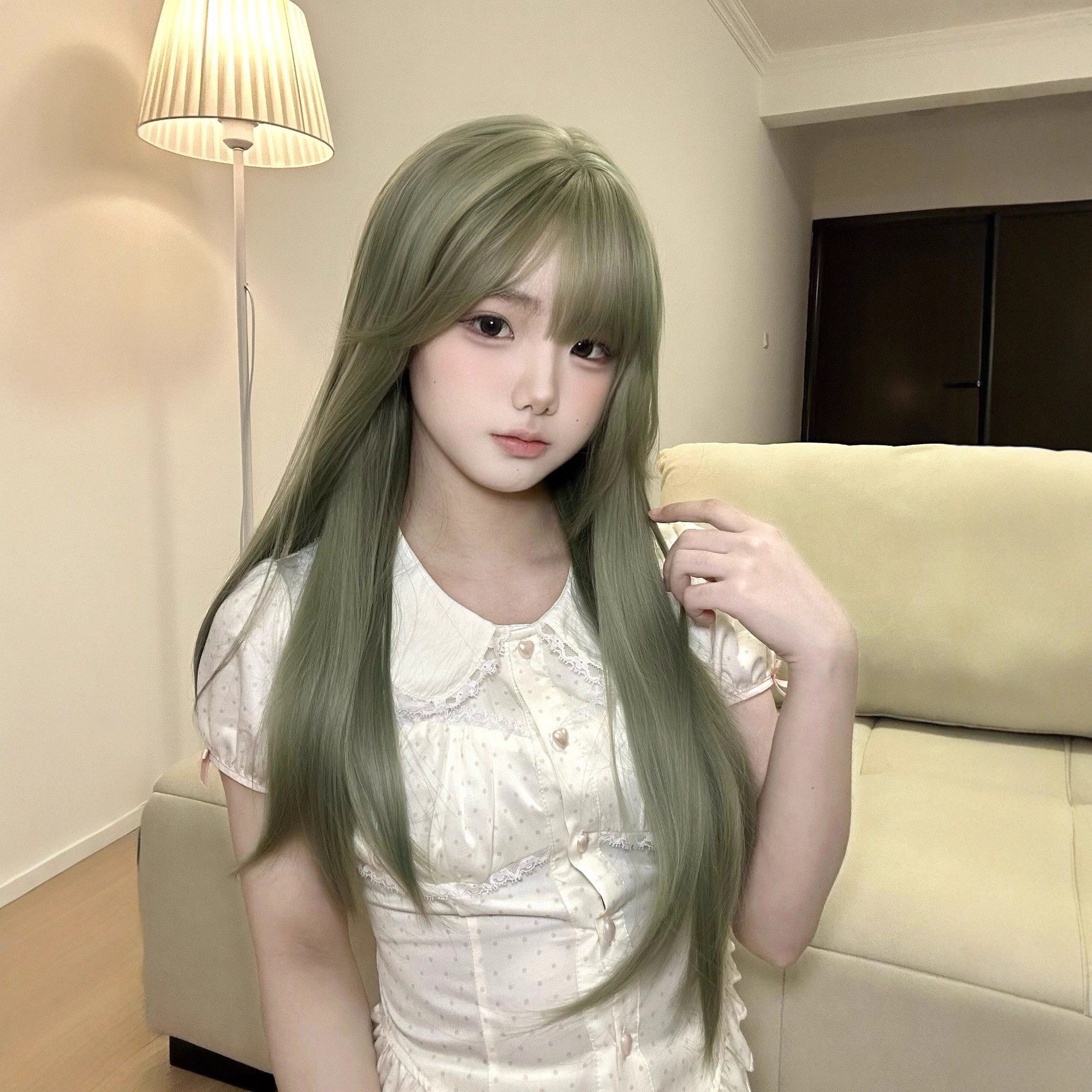 纤韵佳人绿色假发女长直发漫画写真森系可爱自然鞠婧祎同款全头套