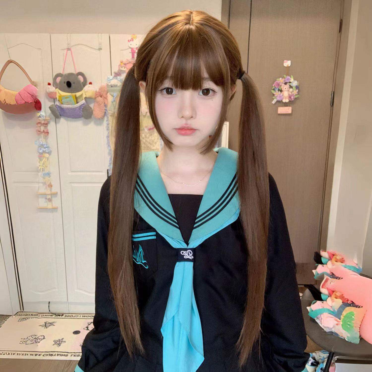 元泱假发女85cm长直发网红日常可爱百搭双马尾软妹jk刘海少萝头套