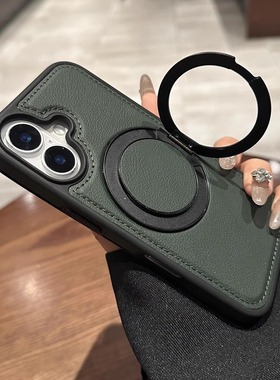 360°旋转支架适用苹果16支点壳iphone15promax磁吸手机壳新款皮质14pro保护套13全包防摔12高级复古绿色plus