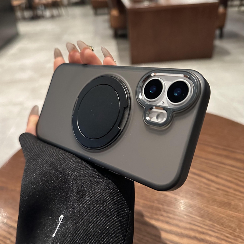 高级感透黑色适用苹果15promax手机壳新款iphone16带旋转支架一体13超薄肤感磨砂14pro磁吸充电15plus保护套
