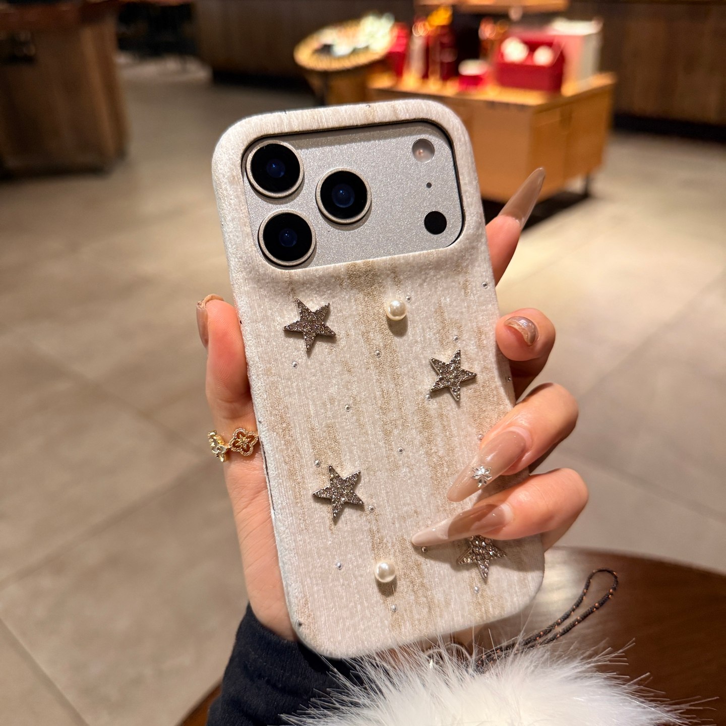 立体珍珠闪钻星星适用iphone17promax手机壳苹果16pro新款带毛球水钻挂绳15绒布14轻奢ins网红女13保护套高级
