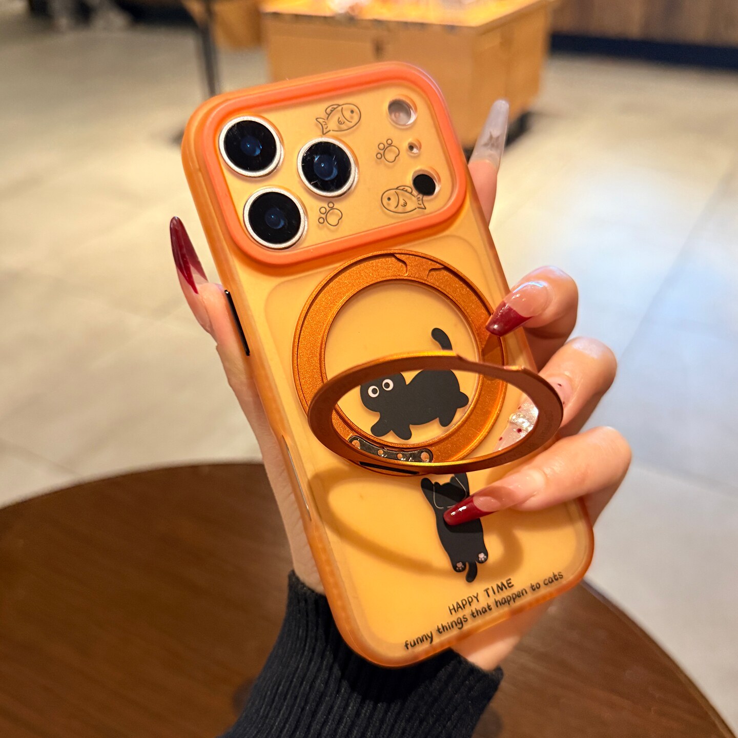 磁吸支点壳适用苹果17promax手机壳iphone17新款可爱猫猫小鱼16pro带旋转支架15PM透明磨砂橙色Magsafe保护套