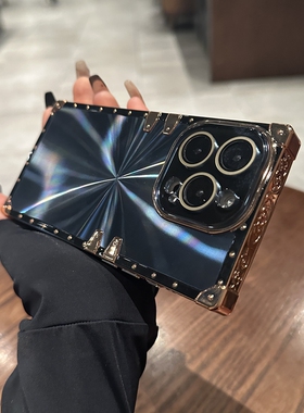 ins奢华大牌适用iPhone15promax手机壳苹果14Pro新款方形CD纹极光镭射12电镀高级感13黑色plus镜头全包防摔套