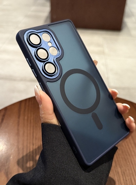 磁吸充电适用三星S25ultra手机壳S24新款肤感磨砂s23全包带镜头膜plus简约男S22藏蓝色ultra防指纹保护套edge