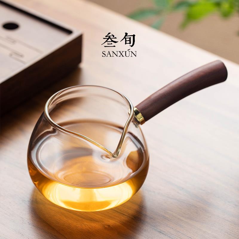 叁旬清沐玻璃公道杯手工耐热玻璃公杯匀杯实木侧把分茶器功夫茶具