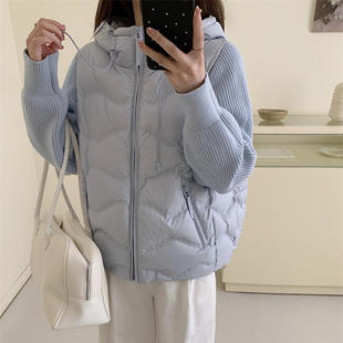 秋冬针织袖拼接羽绒服女短款甜美保暖小个子连帽休闲外套锦纶