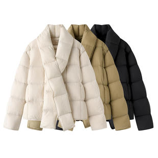 秋冬宽松简约围巾款羽绒服女短款90白鸭绒外套5P0C14030长袖