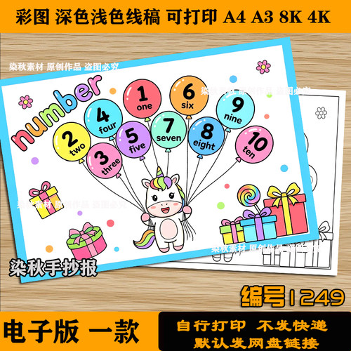 三年级六单元number英语数字手抄报趣味数字小报可打印A4黑白线稿