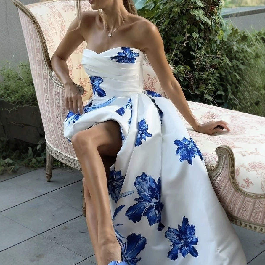 春季欧美亚马逊印花花卉显气质法式长裙连衣裙单件涤纶长袖斜领