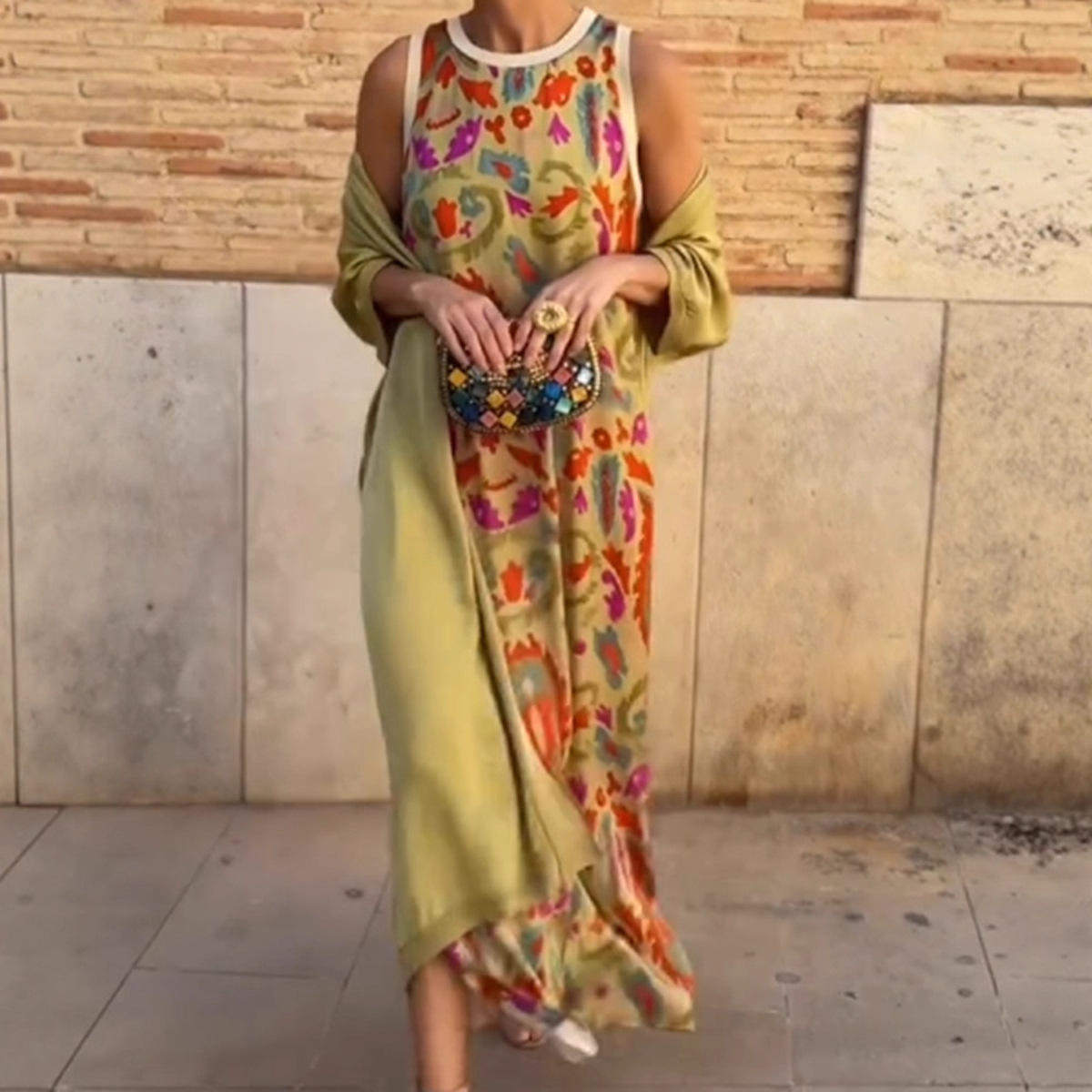 2025欧美 亚马逊 数码印花 圆领背心连衣裙长裙+防晒开衫外套涤纶