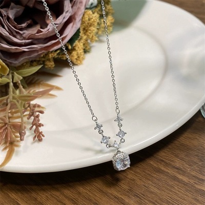 百搭方糖蕾丝白粉钻项链银镀