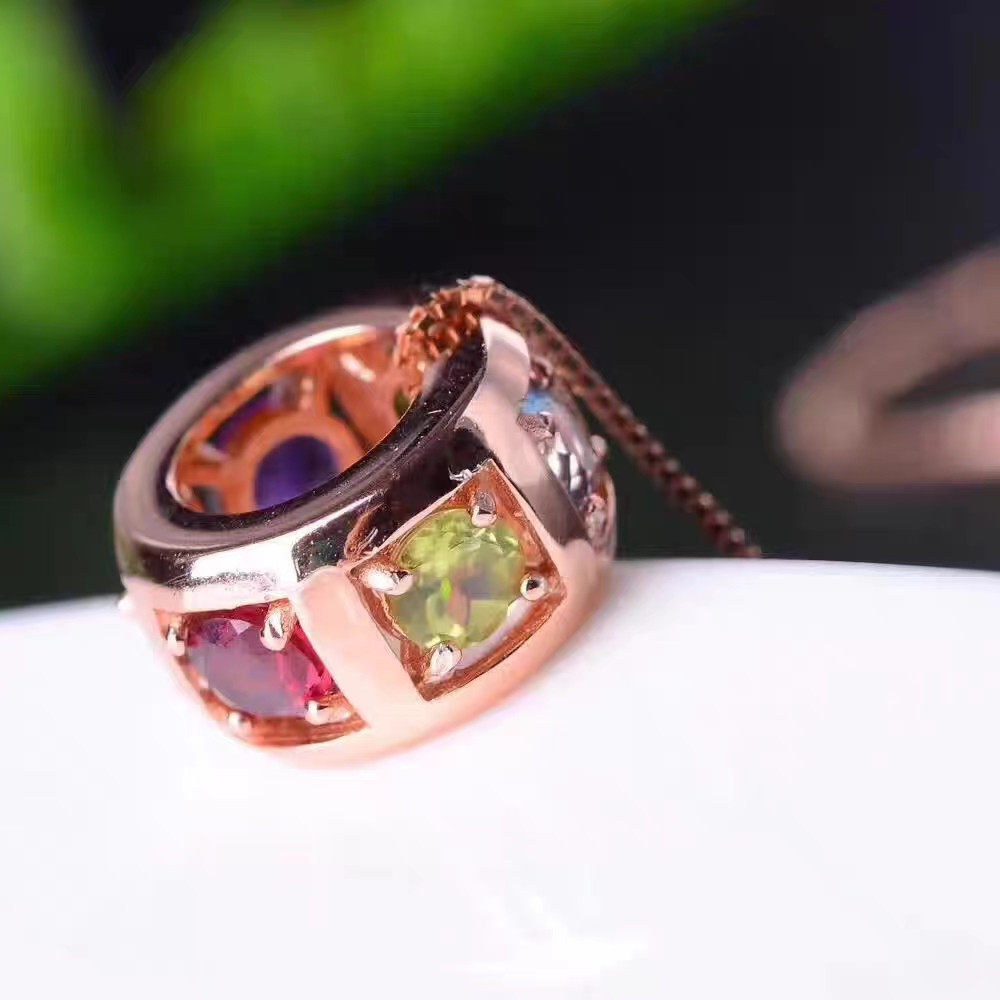 AU750纯18K玫瑰金美国进口D色莫桑石彩色三色圆环吊坠项链小众