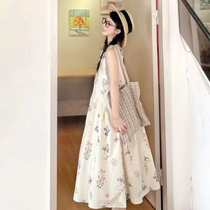 乐活屋温柔风甜美花卉袖连衣裙女夏季新款小个子减龄宽松背心长裙