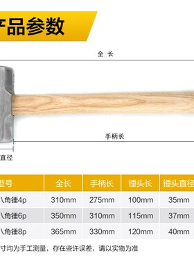 木柄八角锤高碳钢锤子铁榔头方锤4p6p8p防滑木方铁锤