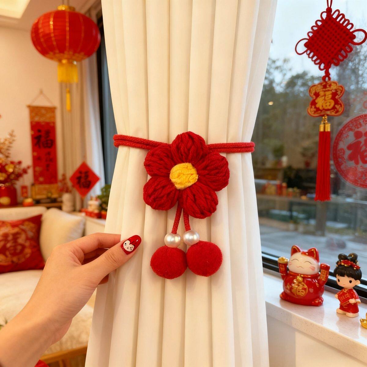 婚房结婚红色花朵毛绒窗帘绑带过年房间喜庆乔迁挂饰布置