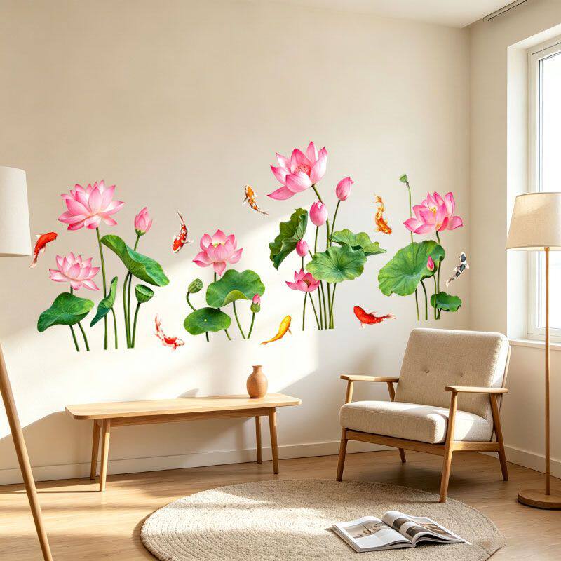 自粘荷花鲤鱼墙贴新中式客厅餐厅卧室背景意境装饰壁纸画