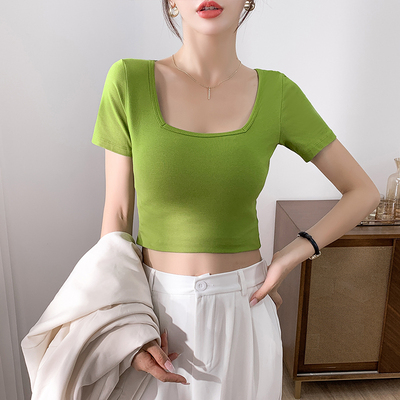 方领短款上衣修身显瘦牛油果绿色