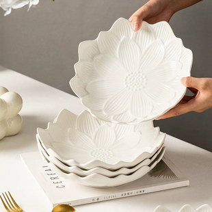 白色莲花大号汤盘家用菜盘高颜值高级感陶瓷沙拉水果盘餐盘点心盘