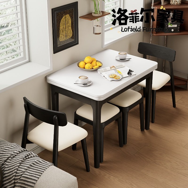 复古风岩板家用实木餐桌椅组合小户型折叠多功能靠墙方形变形桌子