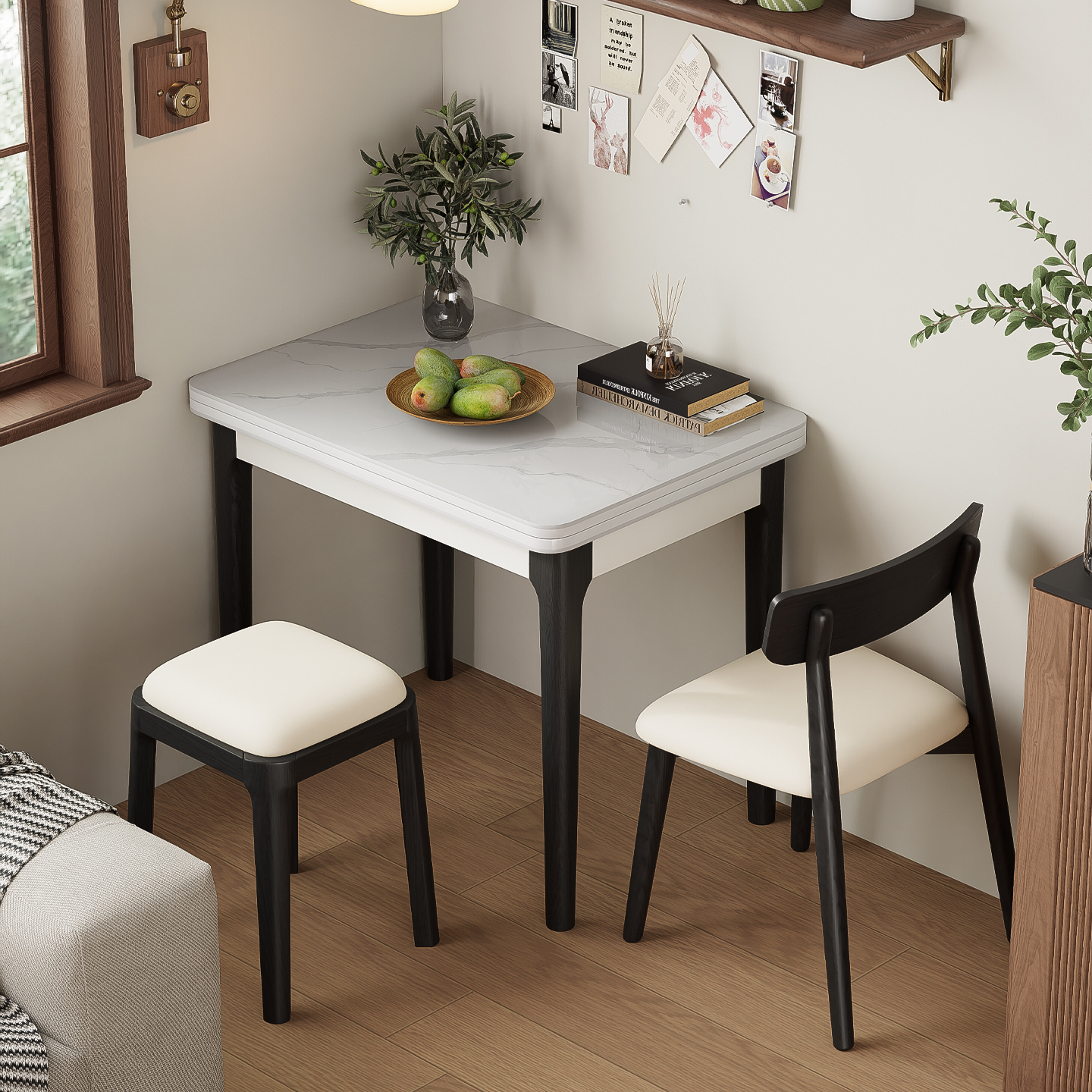 现代简约岩板家用实木餐桌椅组合小户型折叠多功能靠墙方形复古桌