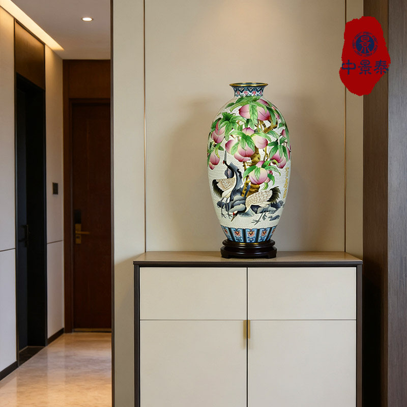 北京珐琅景泰蓝花瓶纯手工紫铜胎掐丝工艺15寸仙鹤寿桃纹贺寿礼品