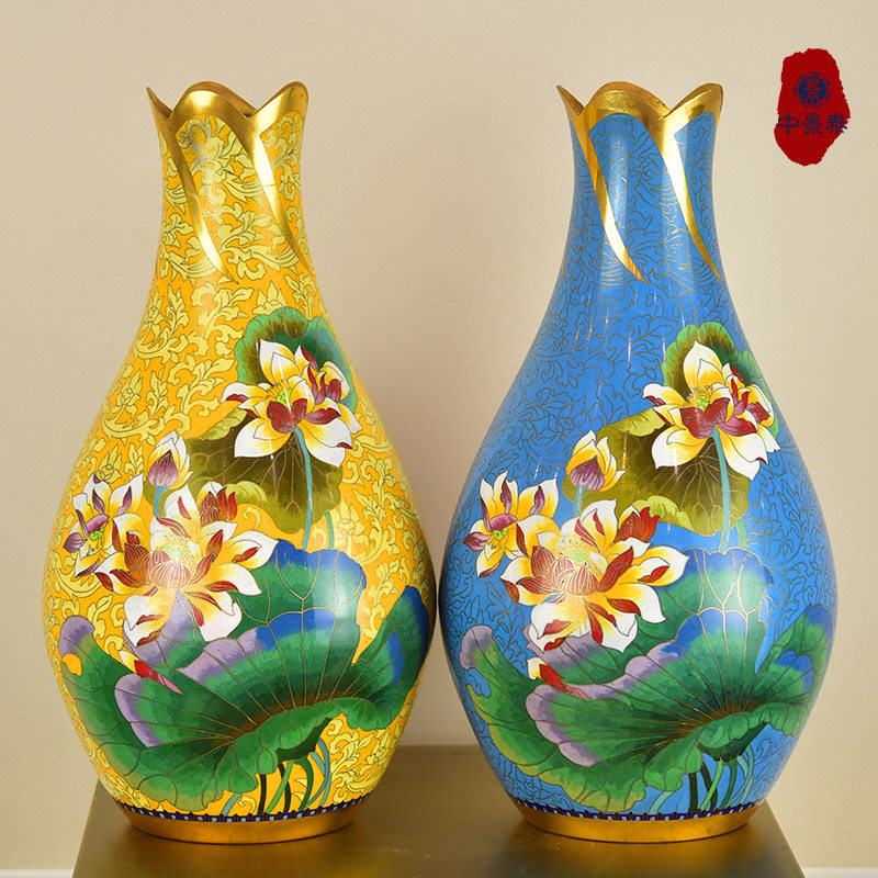 北京珐琅景泰蓝花瓶15寸荷花瓶手工铜胎掐丝工艺客厅摆件出国礼品
