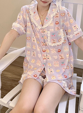 原创元宝猪猪紫色格子可爱短袖印花睡衣家居服套装夏莫代尔棉2023